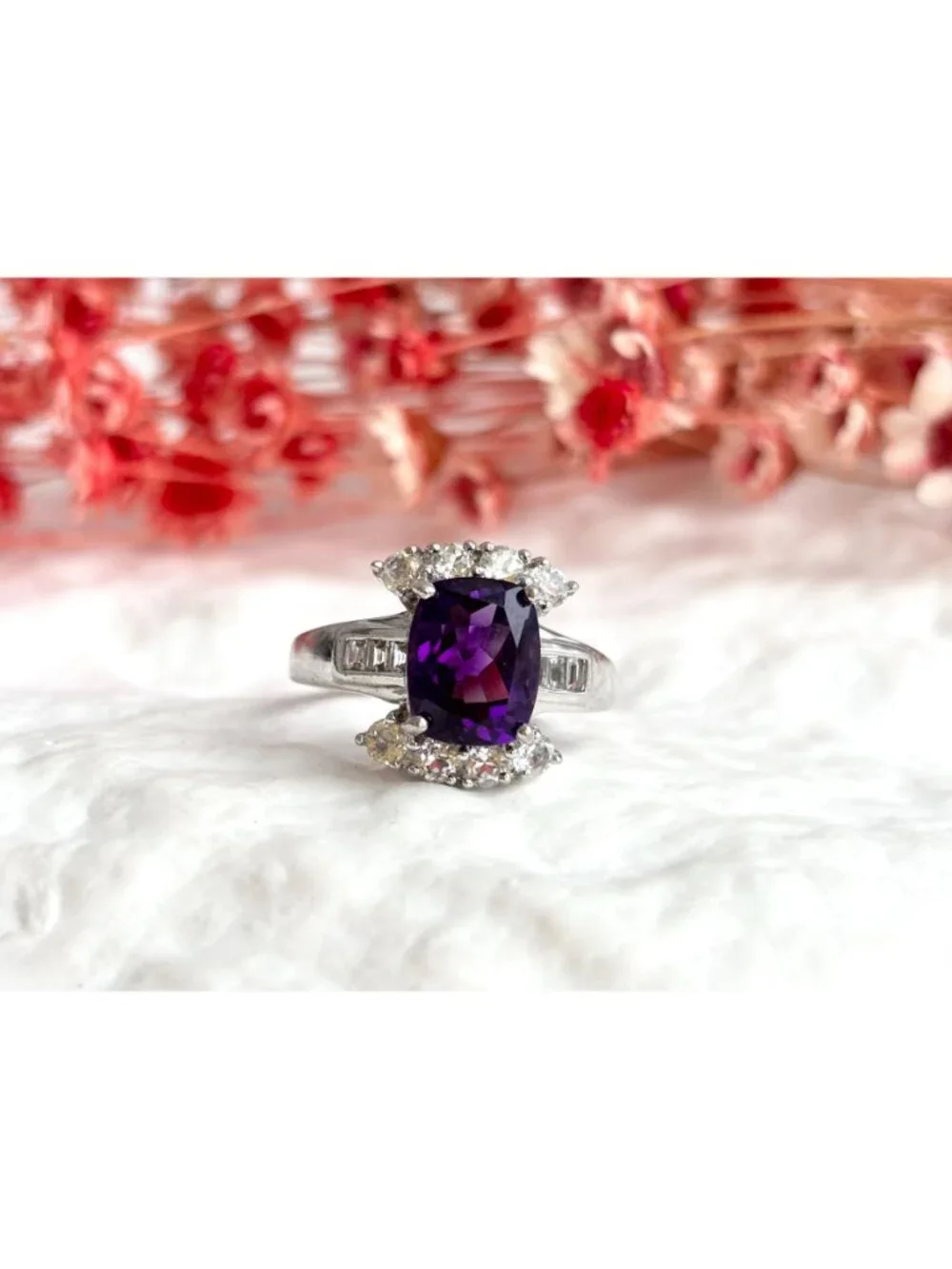 Amethyst Gemstone & CZ Framed Sterling Silver Cocktail 925 Vintage Ring sz 7.75